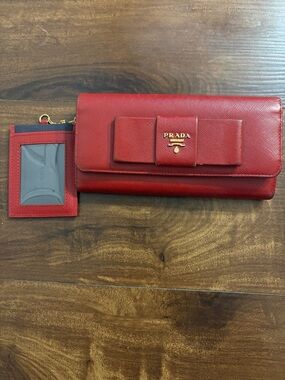 Prada Red Bow Continental Wallet with Matching ID Holder